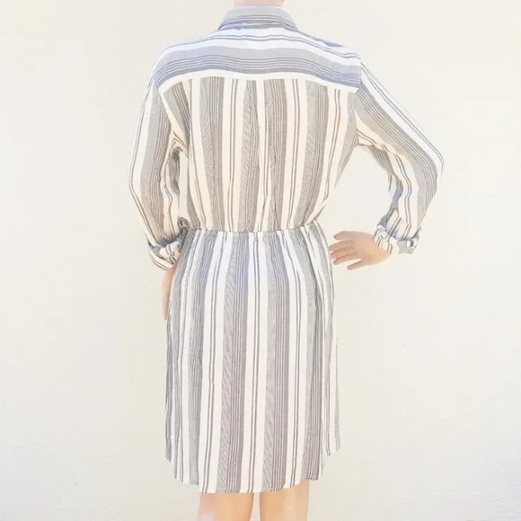 PINK ROSE black natural long sleeve shirtdress summer neutral pinstripe - Picture 11 of 13